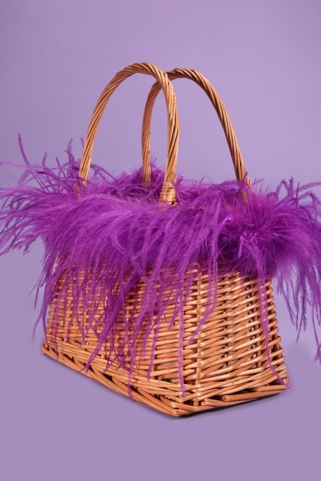 JAYLEY Purple Hand Made Salines Straw Bag with Ostrich Feather