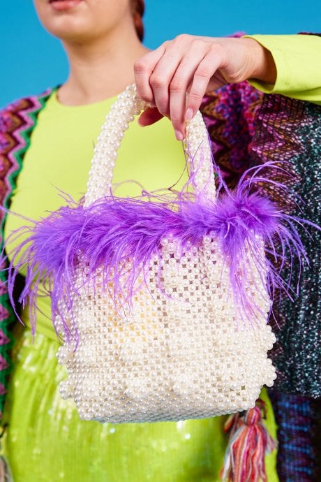 JAYLEY Purple Handmade Pearl Tote Bag with Feather Trim