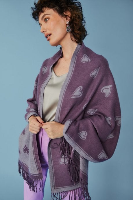 JAYLEY Purple Love Hearts Tassel Reversible Cashmere Blend Scarf