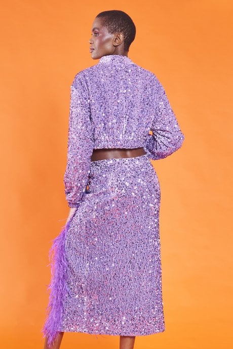 JAYLEY Purple Sequin Midi Skirt With Feathers