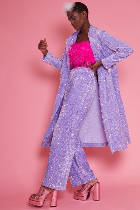 JAYLEY Purple Sequin Trousers With Elasticated Waist