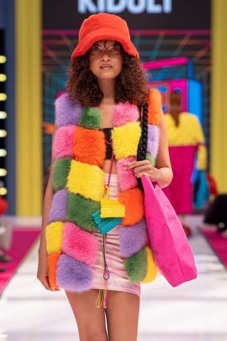 JAYLEY Rainbow Cube Faux Fur Gilet | Waistcoat