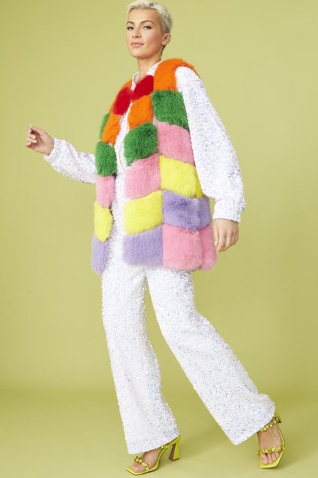JAYLEY Rainbow Cube Faux Fur Gilet | Waistcoat