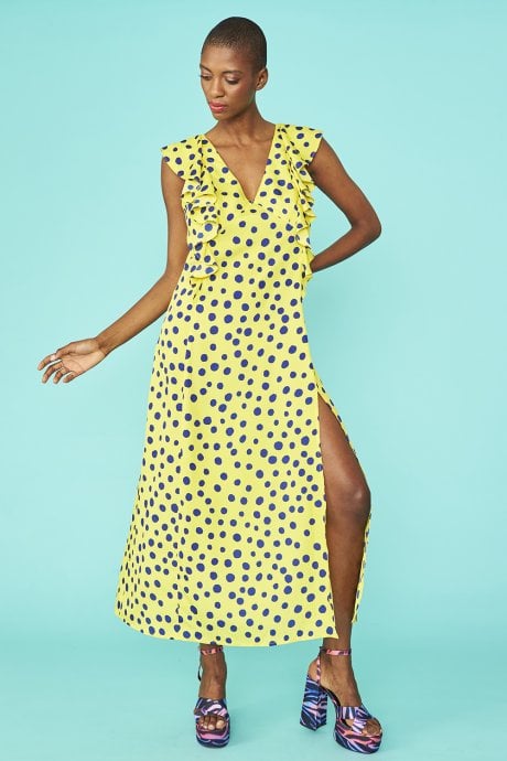 JAYLEY Rayon Polka Dot Ruffled Mid Parma Dress