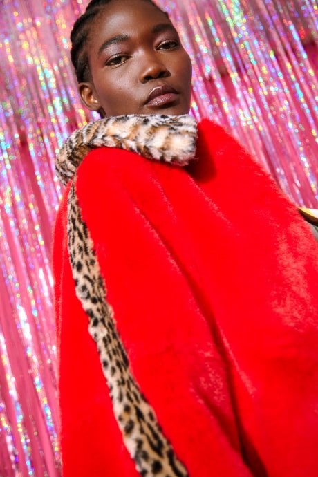 JAYLEY Red And Leopard Print Faux Fur Coat