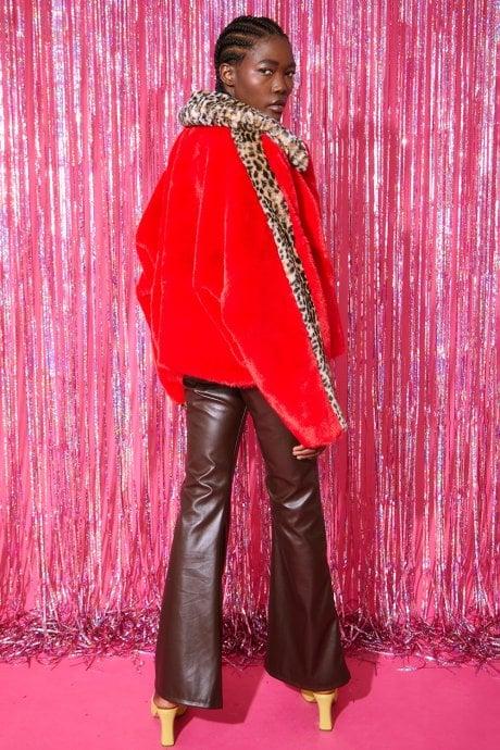 JAYLEY Red And Leopard Print Faux Fur Coat