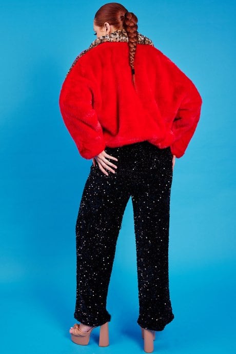 JAYLEY Red And Leopard Print Faux Fur Coat