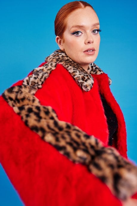 JAYLEY Red And Leopard Print Faux Fur Coat
