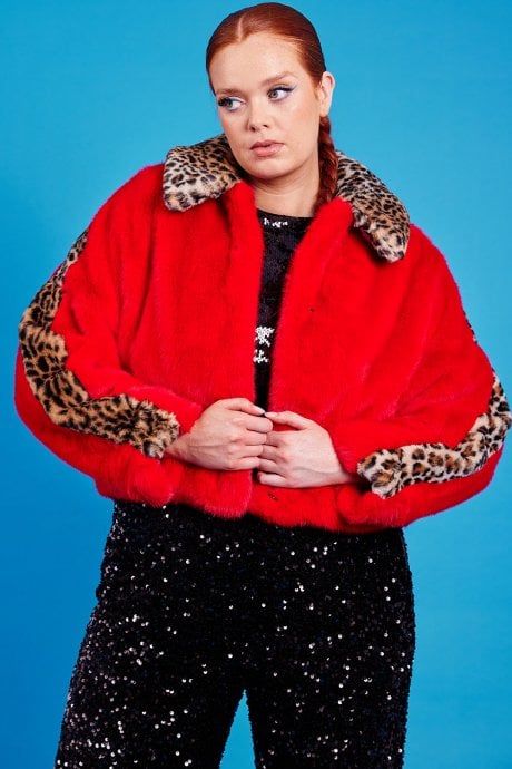JAYLEY Red and Leopard Print Faux Fur Coat