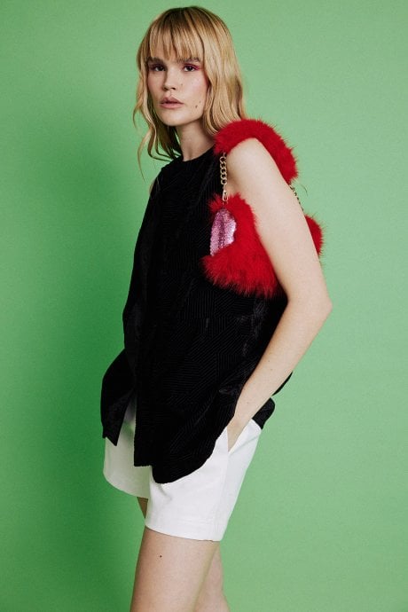 JAYLEY Red Bamboo Loycell Faux Fur Sequins Bag