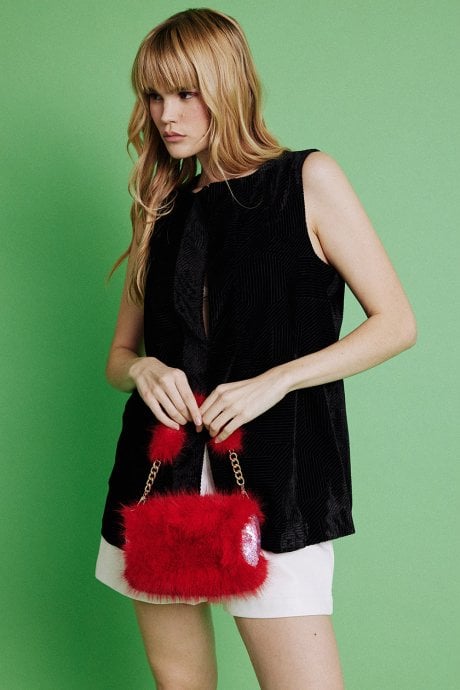 JAYLEY Red Bamboo Loycell Faux Fur Sequins Bag