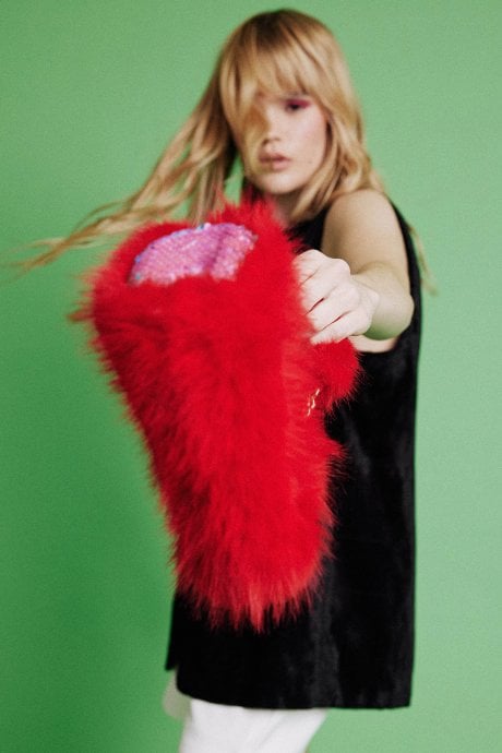 JAYLEY Red Bamboo Loycell Faux Fur Sequins Bag