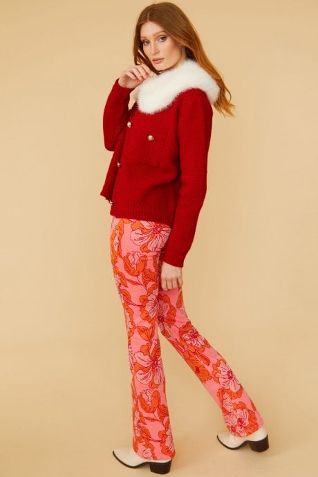 JAYLEY Red Cashmere And Banana Peel Cardigan With White Faux Fur Collar