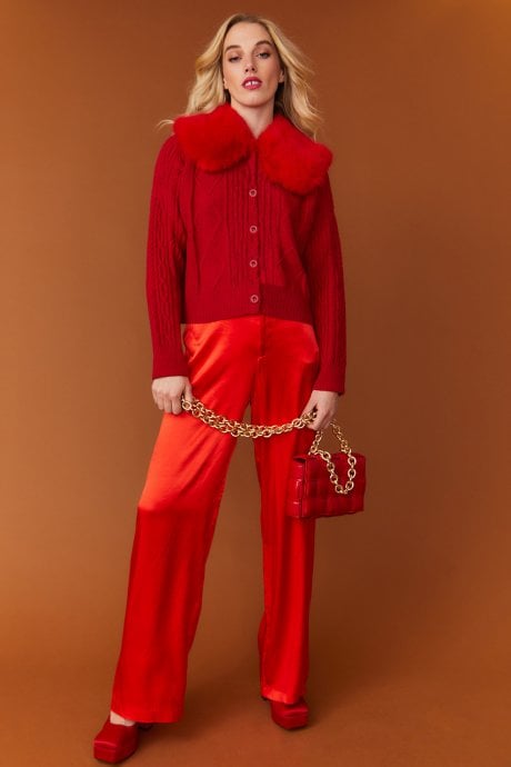 JAYLEY Red Cashmere and Banana Peel Cardigan with Bold Red Faux Fur Collar