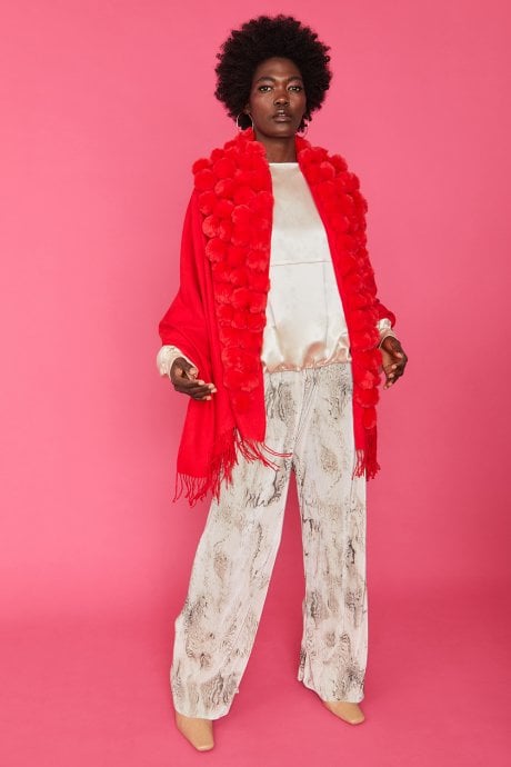 JAYLEY Red Cashmere Blend Faux Fur Pom Pom Wrap