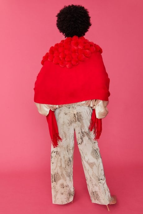 JAYLEY Red Cashmere Blend Faux Fur Pom Pom Wrap