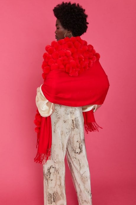 JAYLEY Red Cashmere Blend Faux Fur Pom Pom Wrap