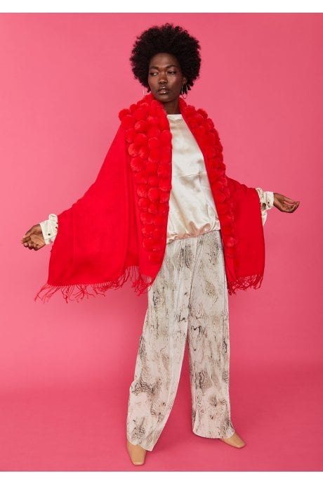 JAYLEY Red Cashmere Blend Faux Fur Pom Pom Wrap