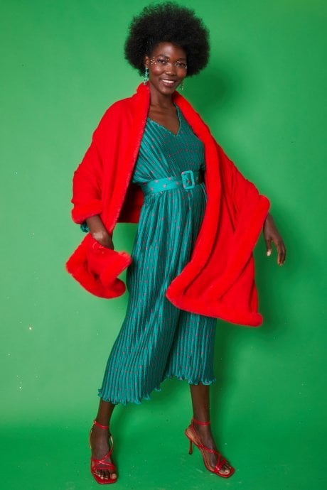 JAYLEY Red Cashmere Blend Faux Fur Wrap