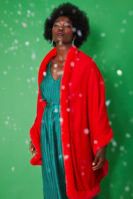 JAYLEY Red Cashmere Blend Faux Fur Wrap