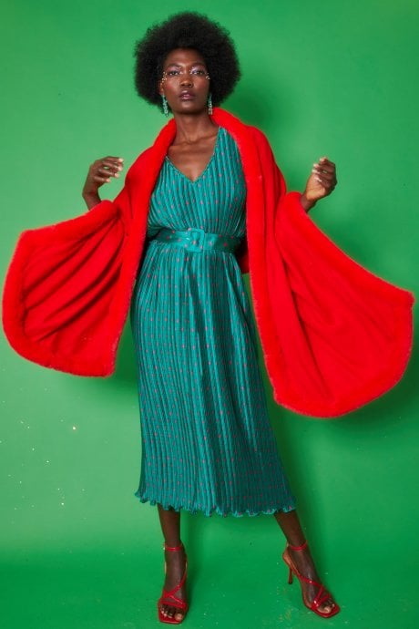 JAYLEY Red Cashmere Blend Faux Fur Wrap