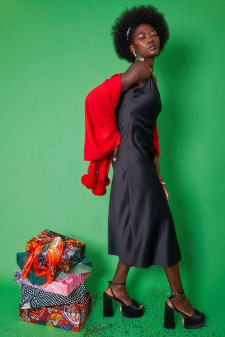 JAYLEY Red Cashmere Blend Wrap With Faux Fur Heart Poms