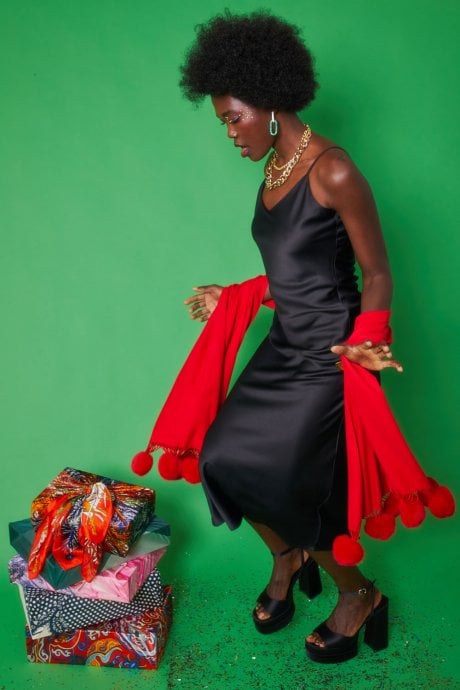 JAYLEY Red Cashmere Blend Wrap With Faux Fur Heart Poms