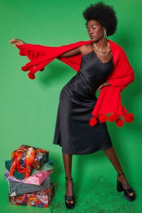 JAYLEY Red Cashmere Blend Wrap with Faux Fur Heart Poms