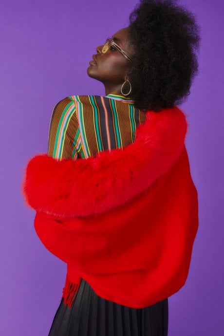 JAYLEY Red Cashmere Wrap With Faux Fur Trim And Tassels