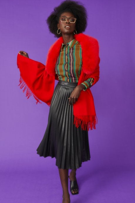 JAYLEY Red Cashmere Wrap With Faux Fur Trim And Tassels