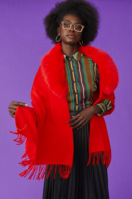 JAYLEY Red Cashmere Wrap with Faux Fur Trim and Tassels
