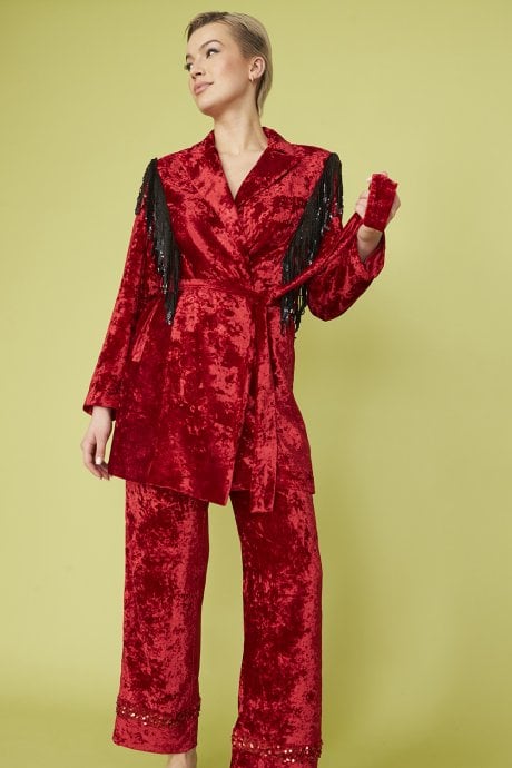 JAYLEY Red Crushed Velvet Blazer Dress With Sequin Tassels