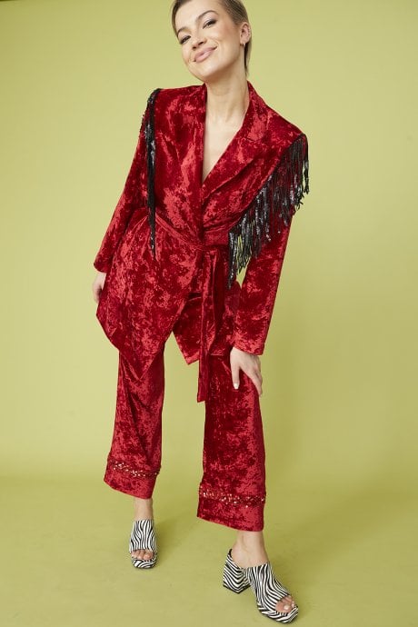 JAYLEY Red Crushed Velvet Blazer Dress With Sequin Tassels