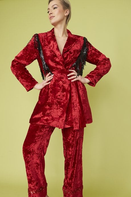 JAYLEY Red Crushed Velvet Blazer dress with Sequin Tassels