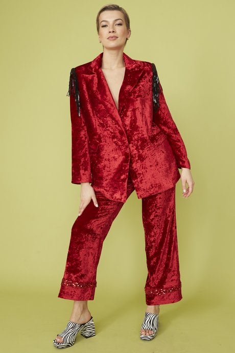 JAYLEY Red Crushed Velvet Blazer Jacket