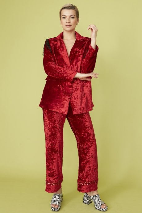 JAYLEY Red Crushed Velvet Blazer Jacket