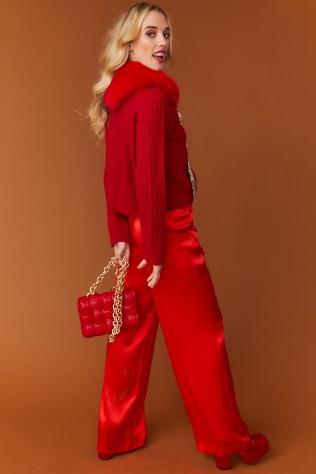 JAYLEY Red Eco Leather Cross Woven Clutch Bag With Gold Chain