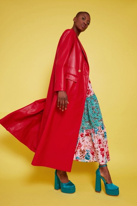 JAYLEY Red Eco Leather Maxi Trench Coat