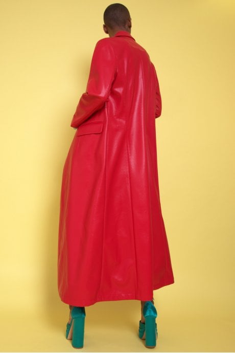 JAYLEY Red Eco Leather Maxi Trench Coat