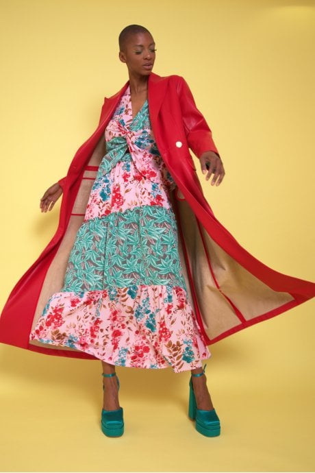 JAYLEY Red Eco Leather Maxi Trench Coat