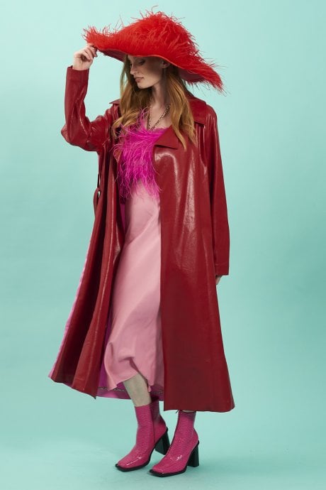 JAYLEY Red Eco Leather Trench Coat With Botanical Back Panel