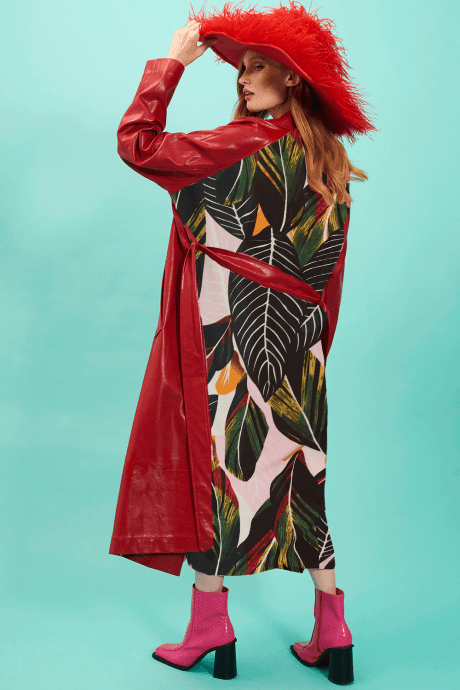JAYLEY Red Eco Leather Trench Coat with Botanical Back Panel