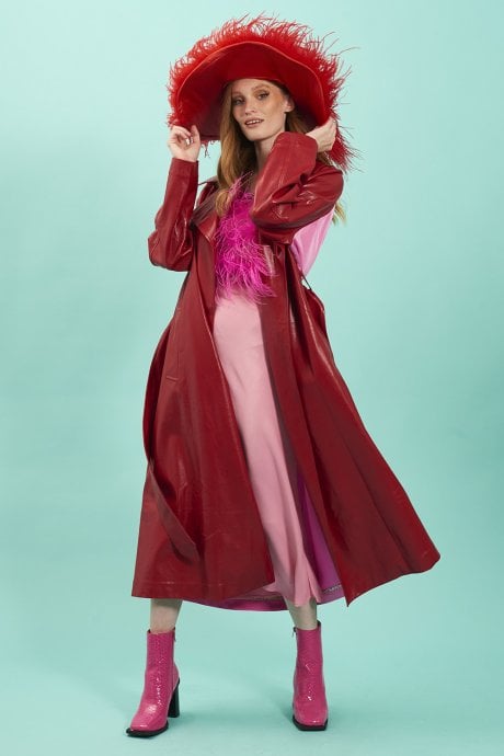 JAYLEY Red Eco Leather Trench Coat With Pink Back Panel