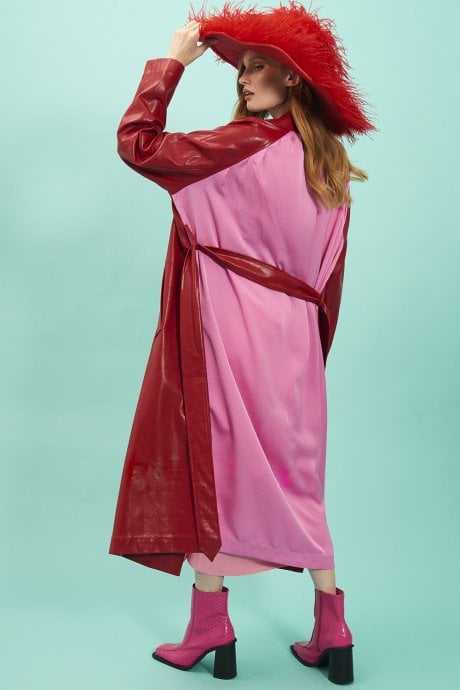JAYLEY Red Eco Leather Trench Coat with Pink Back Panel