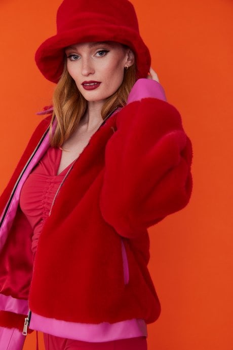 JAYLEY Red Faux Fur Bomber Jacket