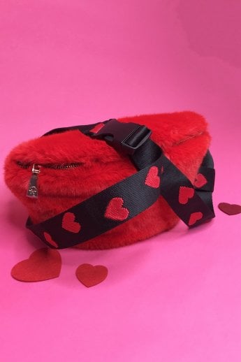 JAYLEY Red Faux Fur Bum Bag With Love Heart Strap