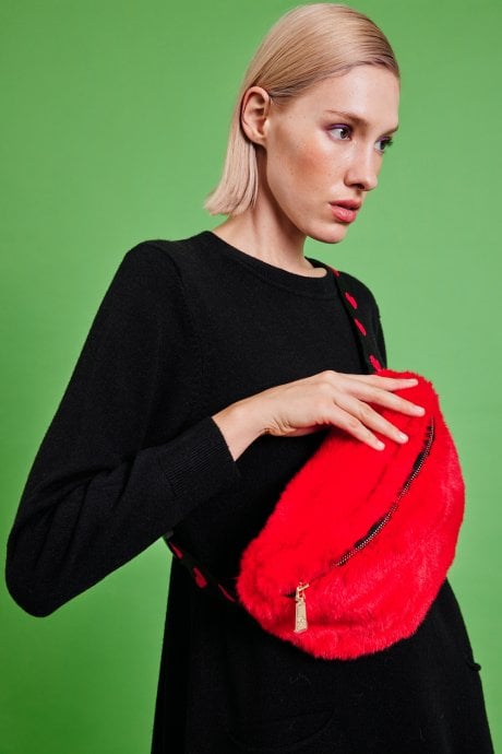 JAYLEY Red Faux Fur Bum Bag with Love Heart Strap