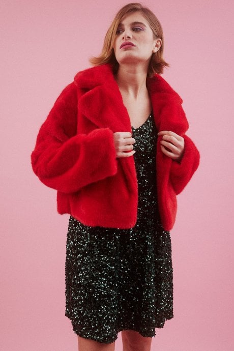 JAYLEY Red Faux Fur Cropped Coat
