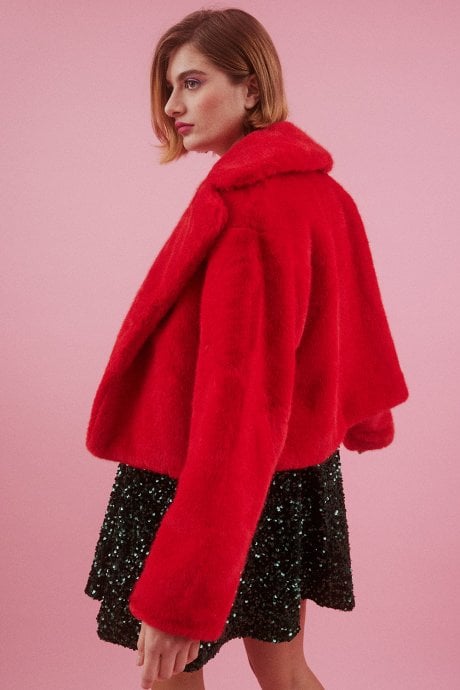 JAYLEY Red Faux Fur Cropped Coat