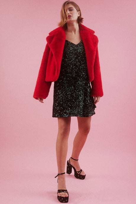 JAYLEY Red Faux Fur Cropped Coat